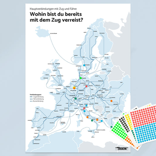 Zugstrecken Plakat mit Stickern,  Wohin bist du bereits gereist? | Schweiz, Europa und darüber hinaus | 420 × 594 mm