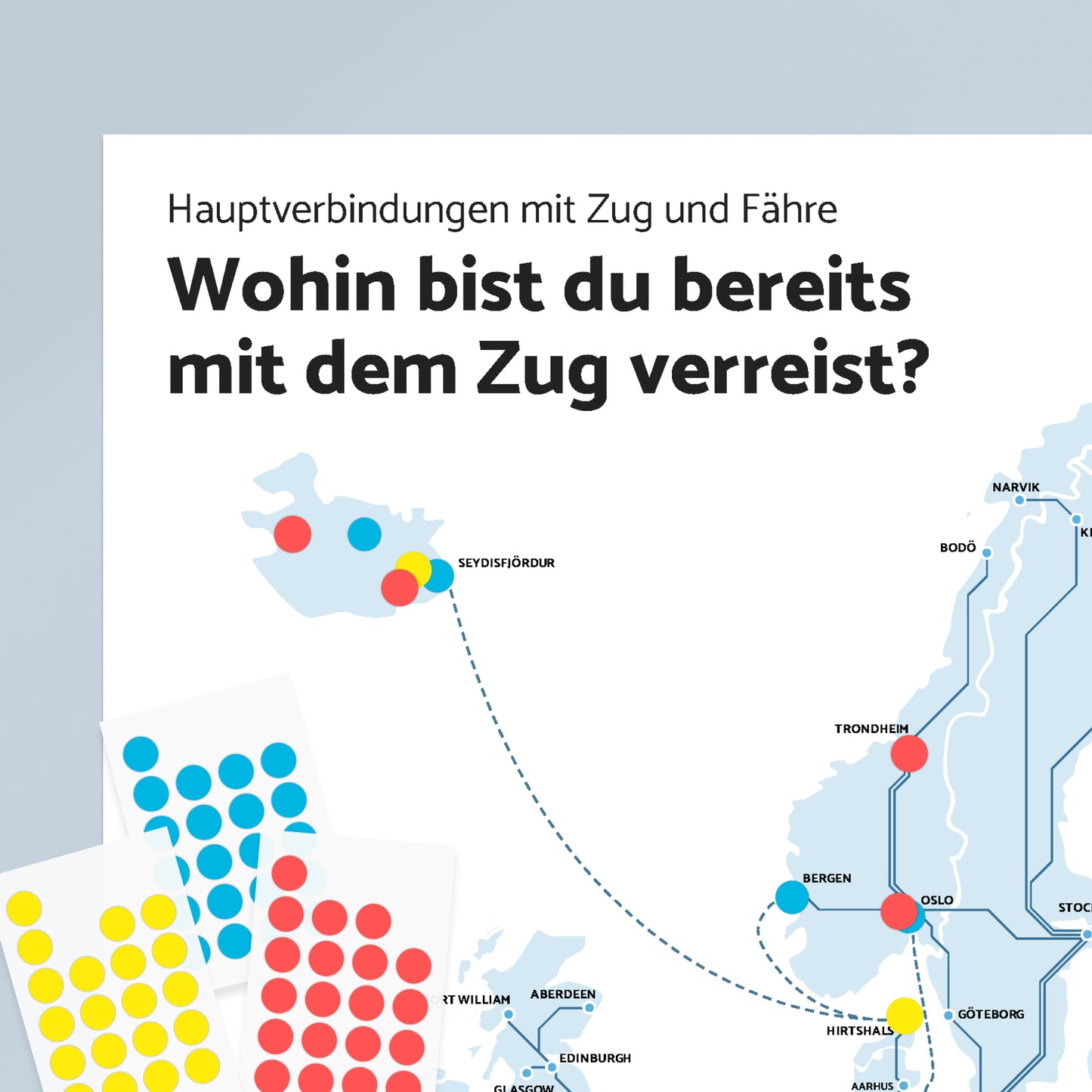 Zugstrecken Plakat mit Stickern,  Wohin bist du bereits gereist? | Schweiz, Europa und darüber hinaus | 420 × 594 mm