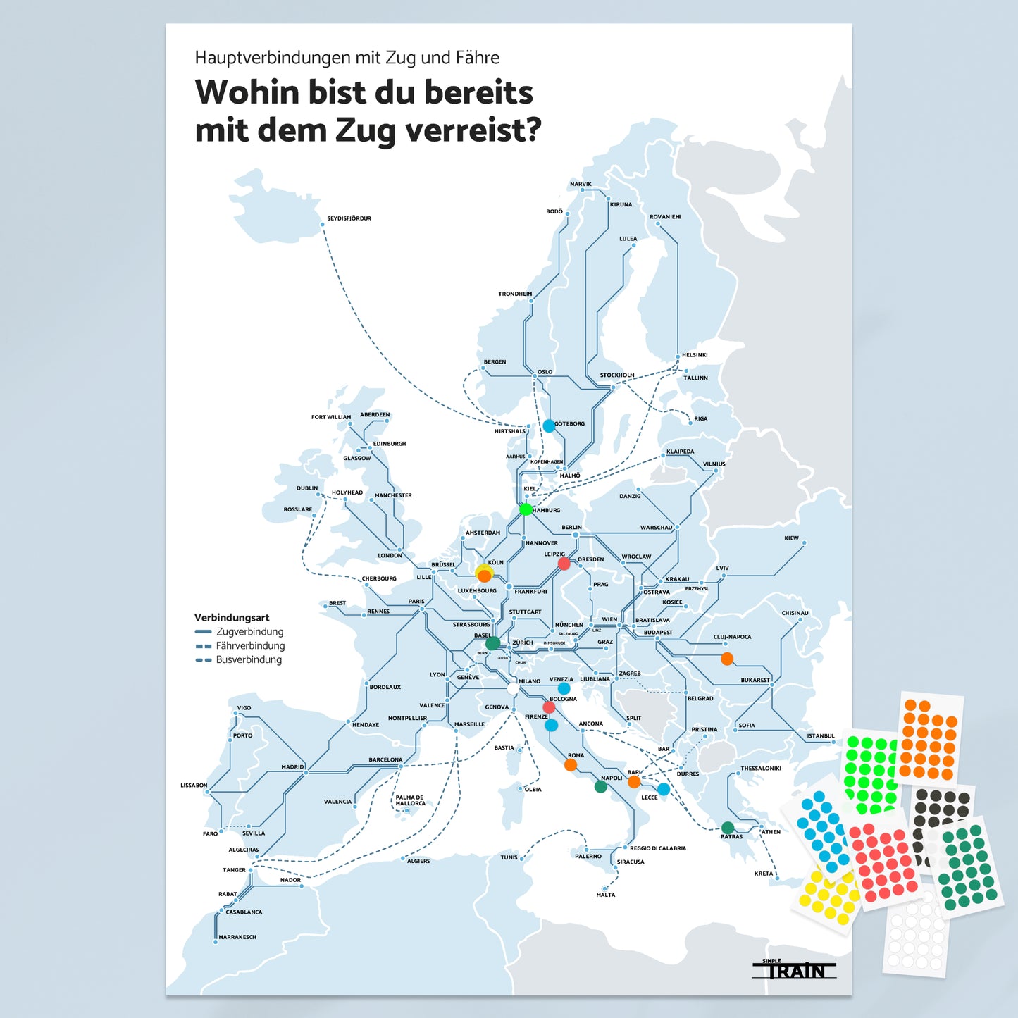 Zugstrecken Plakat mit Stickern,  Wohin bist du bereits gereist? | Schweiz, Europa und darüber hinaus | 420 × 594 mm
